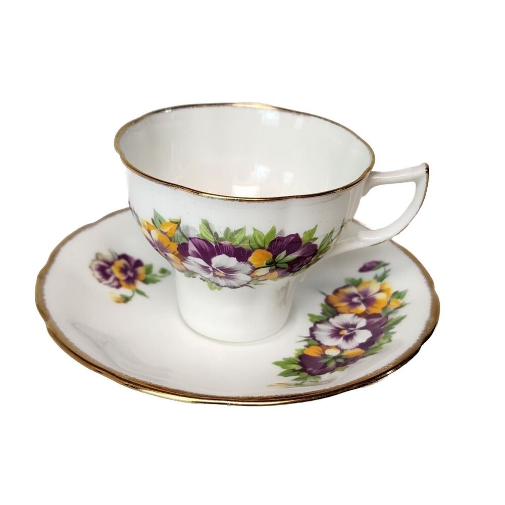 Vtg Jason Bone China England Tea Cup Saucer Pansies Violas Yellow Purple Flowers